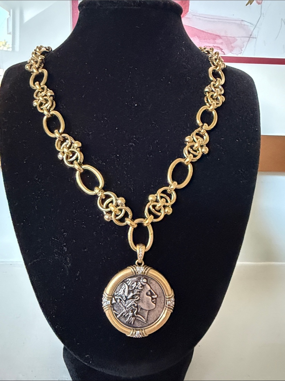 Gold Two-Tone Medallion Necklace with Coin Pendant